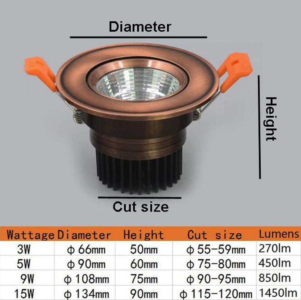 European COB Downlight 3W/5W/9W/15W AC85-265V Dimmable Downlight Lamp Recessed lighting indoor lighting