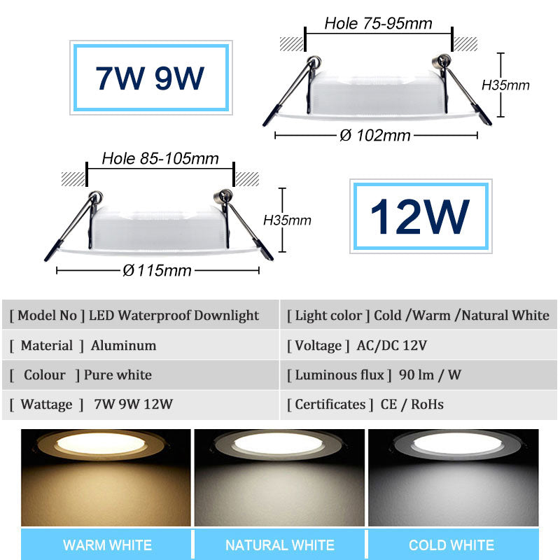 Led Downlight 5W 7W 9W 12W AC/DC 12V Ceiling lamp Recessed Cold  Natural Warm white Indoor Lighting
