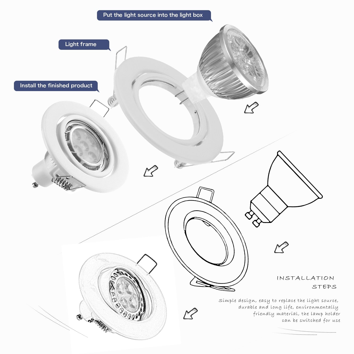 Black White Nickel Recessed LED Ceiling Light Fitting Round Adjustable Frame MR16 GU10 Bulb Fixture Downlight Holder Cutout 70mm