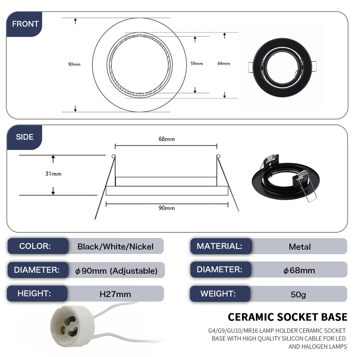 Black White Nickel Recessed LED Ceiling Light Fitting Round Adjustable Frame MR16 GU10 Bulb Fixture Downlight Holder Cutout 70mm