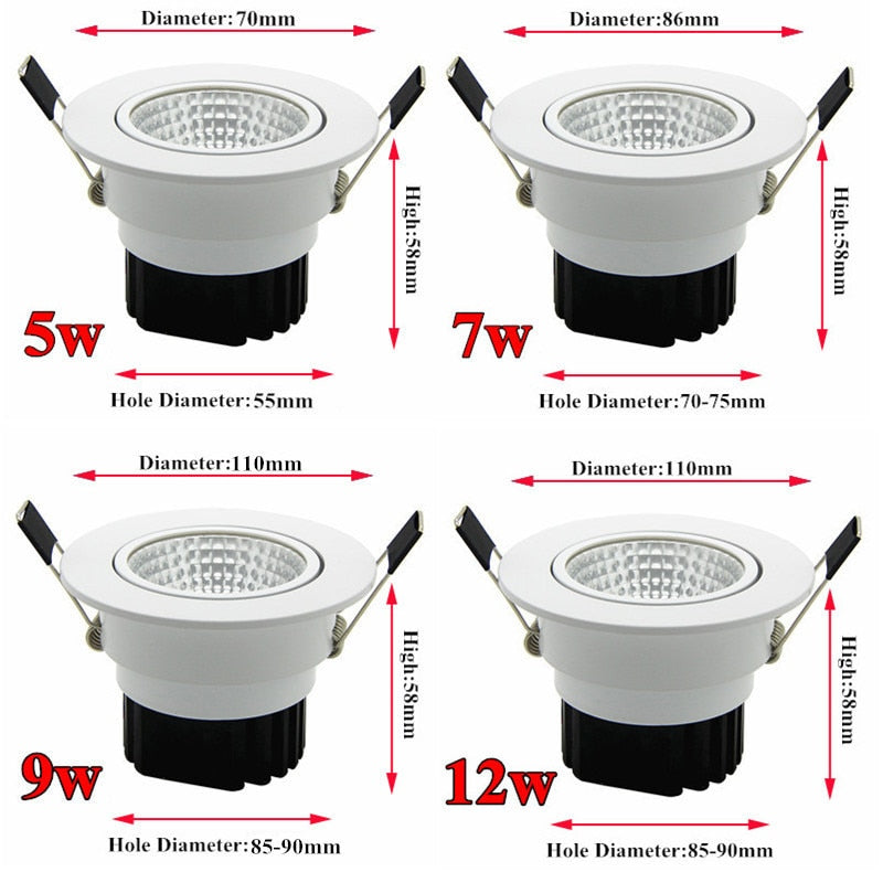 The new Super Bright Recessed LED Dimmable Downlight COB 5W 7W 9W 12W LED Spot light LED decoration Ceiling Lamp AC 110V 220V