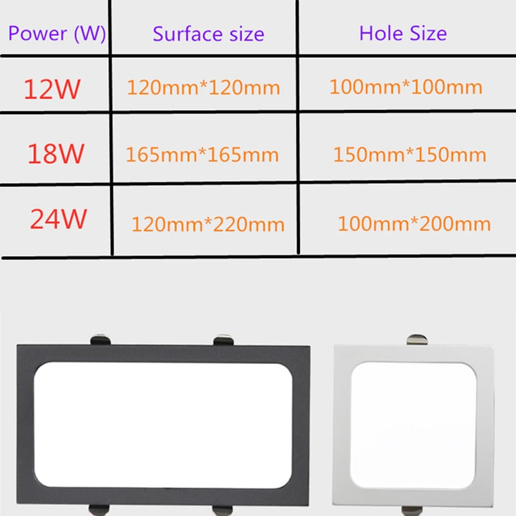 Panel Embedded LED Downlight 12W 18W 24W  Square LED Spotlight LED Ceiling Light AC110V 220V