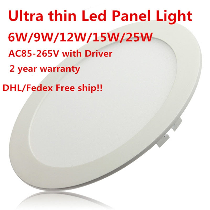 Ultra Thin Led Panel Downlight 6w 9w 12w 15w 25w Round 20pcs Ceiling Recessed Spot Light AC85-265V Painel lamp Indoor Lighting