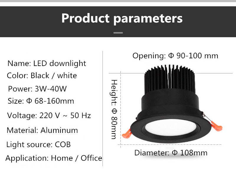 Circular Recessed LED Downlights 3W 7W 9W 12W 15W 40W COB LED Ceiling Spot Lights AC220-240V LED Ceiling Lamps Indoor Lighting