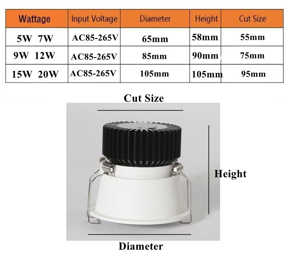 Dimmable Narrow Border Embedded Anti-Glare COB Ceiling Recessed Downlight 5W 7W 12W 20W LED Wall Wash Light Hotel Villa Lighting