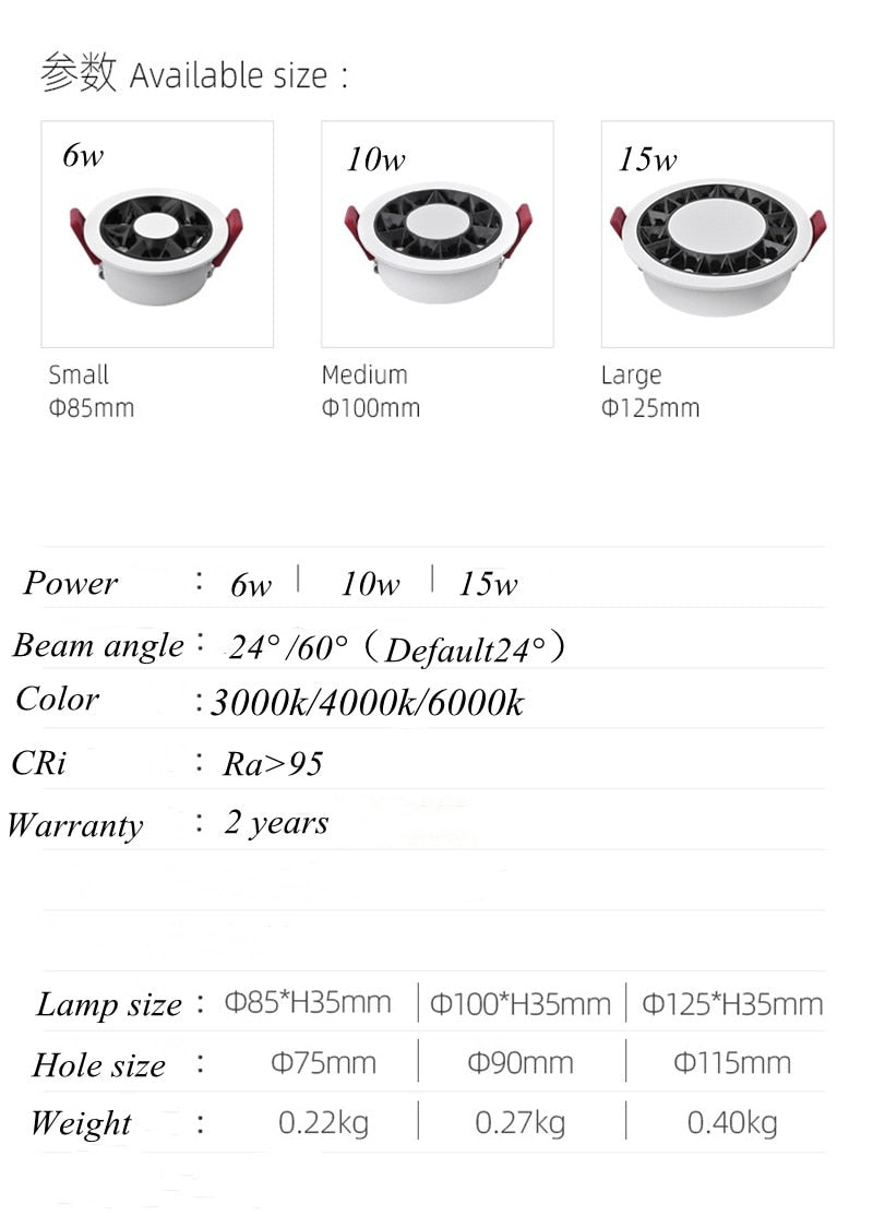 Dimmable LED COB Spotlight Ceiling Lamp AC90-260V 220V 10W 15W Aluminum Recessed Led Downlights Round Leds Spot Indoor Lighting