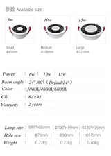 Dimmable LED COB Spotlight Ceiling Lamp AC90-260V 220V 10W 15W Aluminum Recessed Led Downlights Round Leds Spot Indoor Lighting