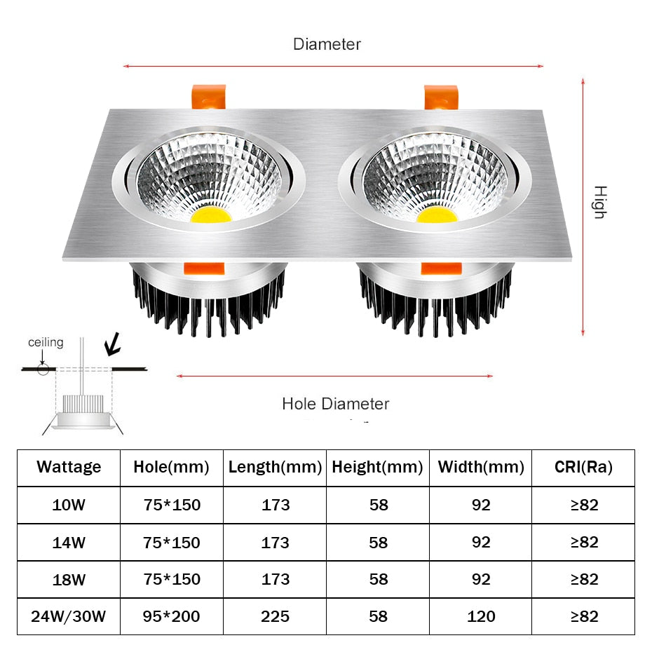 DBF Angle Adjustable Square Recessed Downlight 3000K/4000K/6000K Dimmable 10W 14W 18W 24W 2 Heads Ceiling Spot Light Home Decor