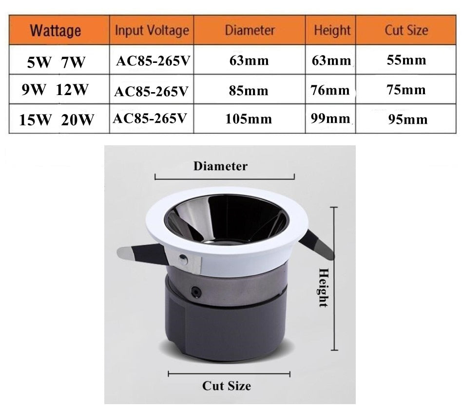 New LED Dimmable Downlight Ultra Thin Anti Glare Spot Light  5W 7W 9W 12W 15W 20W Recessed Ceiling Lamp AC85V-265V