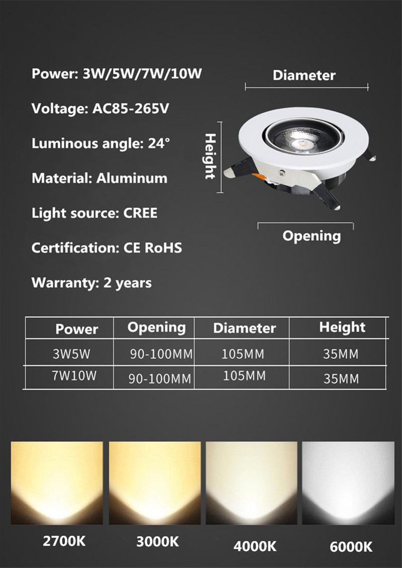 LED Recessed Spot 3W / 5W / 7W / 12W Foldable 350 ° Rotating Dimmable COB downlight Stretchable LED Spot light Indoor Lighting