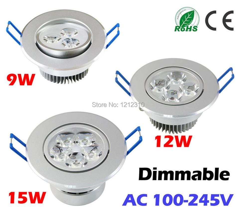 LED Downlight 10pcs/lot Dimmable 9W 12W 15W Ceiling downlight LED lamp Recessed Cabinet wall Bulb 110V-220V for home living room