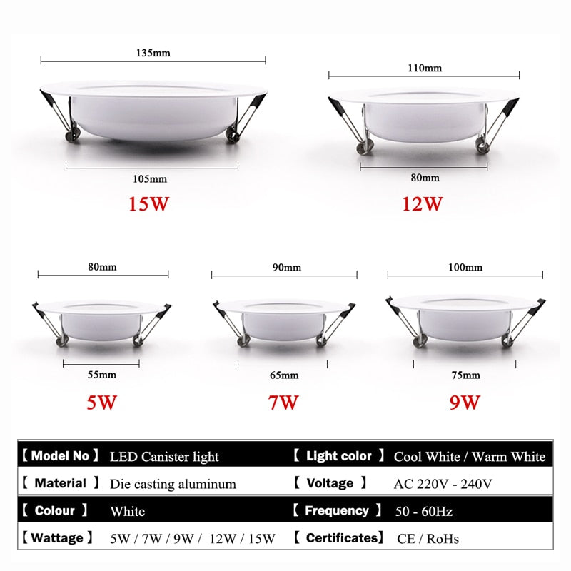 United 10PCS LED Downlight Ceiling 15W 12W 9W 7W 5W Warm white/cold white led Ceiling lamp Ultra-bright Round 220V 230V 240V