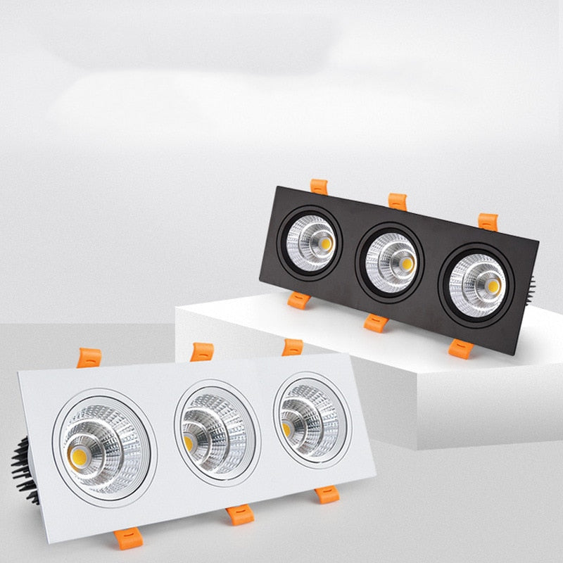 Three Head COB LED Downlight, Dimmable Square Spotlight, Indoor Lighting, 3x 7W, 3x10W, 3x12W, 3x15W, AC85 ~ 265V