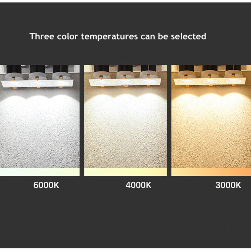 Three Head COB LED Downlight, Dimmable Square Spotlight, Indoor Lighting, 3x 7W, 3x10W, 3x12W, 3x15W, AC85 ~ 265V
