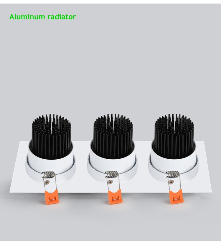 Three Head COB LED Downlight, Dimmable Square Spotlight, Indoor Lighting, 3x 7W, 3x10W, 3x12W, 3x15W, AC85 ~ 265V
