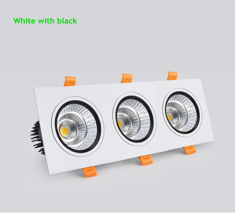 Three Head COB LED Downlight, Dimmable Square Spotlight, Indoor Lighting, 3x 7W, 3x10W, 3x12W, 3x15W, AC85 ~ 265V