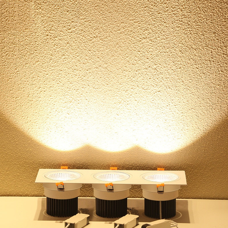 Three Head COB LED Downlight, Dimmable Square Spotlight, Indoor Lighting, 3x 7W, 3x10W, 3x12W, 3x15W, AC85 ~ 265V