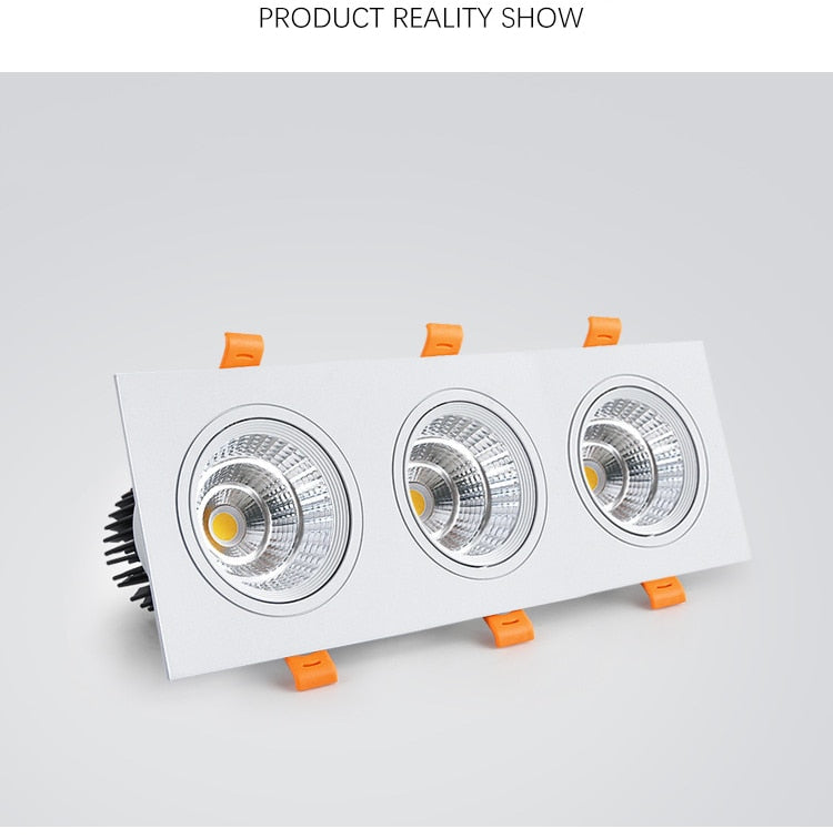 Three Head COB LED Downlight, Dimmable Square Spotlight, Indoor Lighting, 3x 7W, 3x10W, 3x12W, 3x15W, AC85 ~ 265V