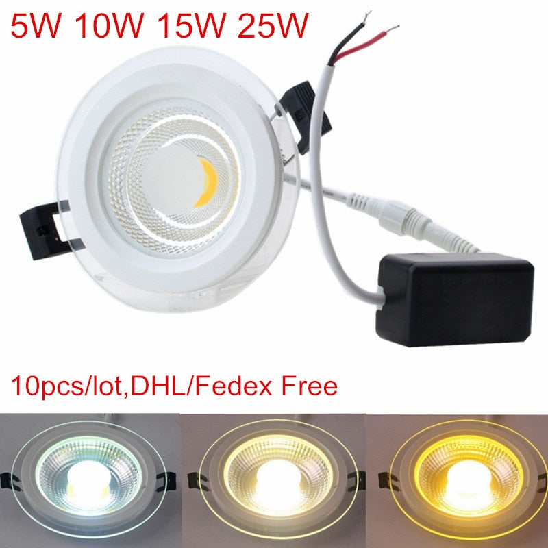 LED Downlight COB Dimmable 5W 10W 15W 25W COB LED Panel Light AC85-265V 10Pcs/lot Recessed LED Downlights Glass Down light