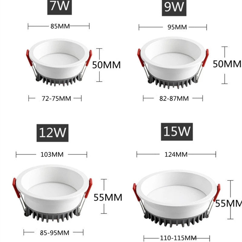 Dimmable Anti-Glare Recessed LED Downlights 7W/9W/12W/15W COB Ceiling Spot Lights AC85~265V Background Lamps Indoor Lighting