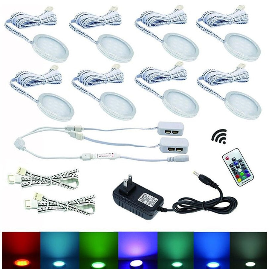 Linkable Under Cabinet LED Downlight Dimmable 8pcs Puck Lights+Wireless RF Remote Control Power Adapter RGB Decoration Lighting