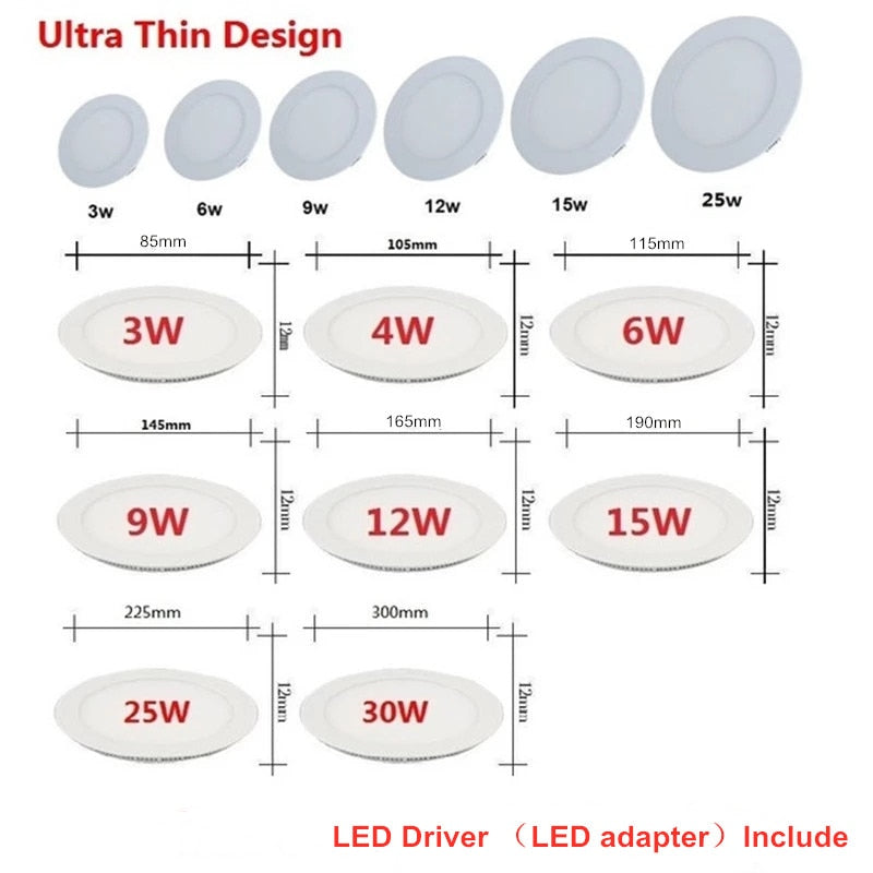Ultra thin 3W / 4W / 6W / 9W / 12W / 15W / 25W LED Ceiling Recessed Grid Downlight / Slim Round Panel Light + LED Driver