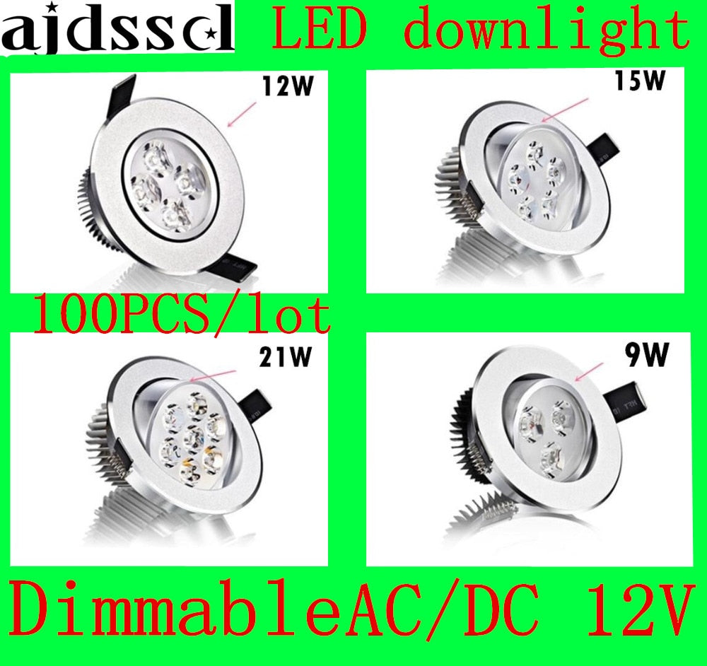 LED spot Bright Recessed LED Dimmable Downlight COB 9W 12W 15W 21W LED Spotlight decoration 100PCS/lot Ceiling Lamp AC/DC12V