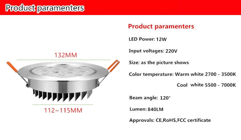 High power LED Downlight Recessed LED Spot light Lamp 3W 5W 7W 12W AC220V Aluminum Bulb For Living room bedroom Lighting
