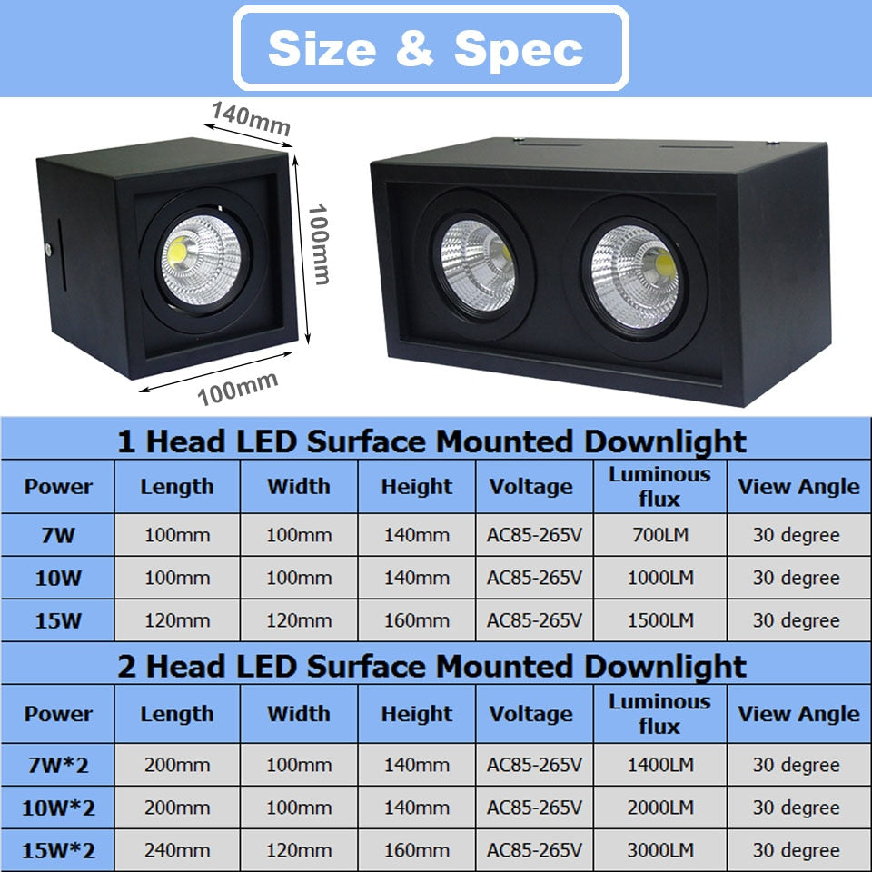 GD COB LED Downlight 14W 20W 30W Surface Mounted 1 Head 2 Head LED LED Grille Light AC85-265V COB LED Spot For Home Decor