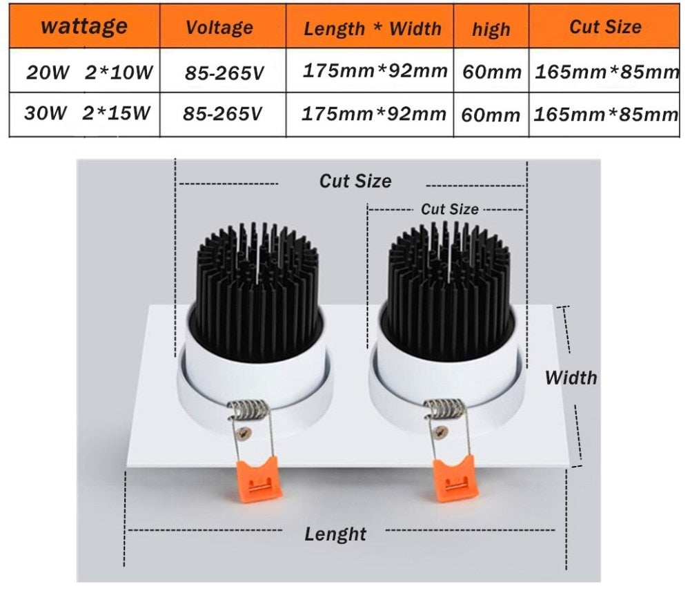 Double square Dimmable Led downlight light COB Ceiling Spot Light 20w 30W LED ceiling recessed Lights Indoor Lighting