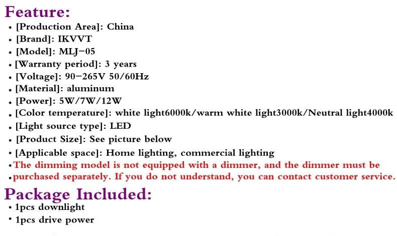 LED embedded dimmable downlight 5W 7W 12W white light / warm white / neutral light AC85-265V