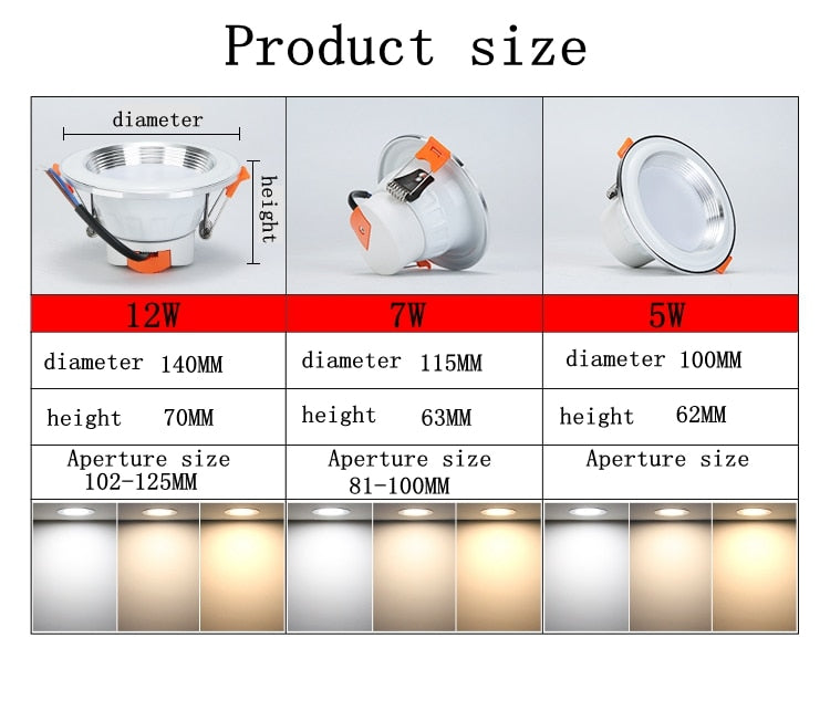 LED embedded dimmable downlight 5W 7W 12W white light / warm white / neutral light AC85-265V