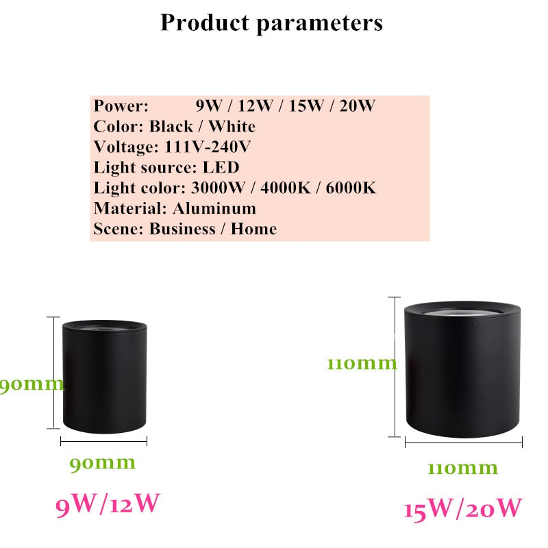 Dimmable Round Surface Mounted LED Downlights 9W 12W 15W 20W COB LED Ceiling Spot Light AC85-265V LED Ceiling Lamp Indoor Lighting