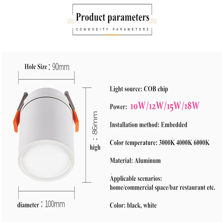 Dimmable LED Downlight COB Spotlight 10W 18W Ceiling Lamp AC85-265V Aluminum Recessed Downlights Round Led Panel Light