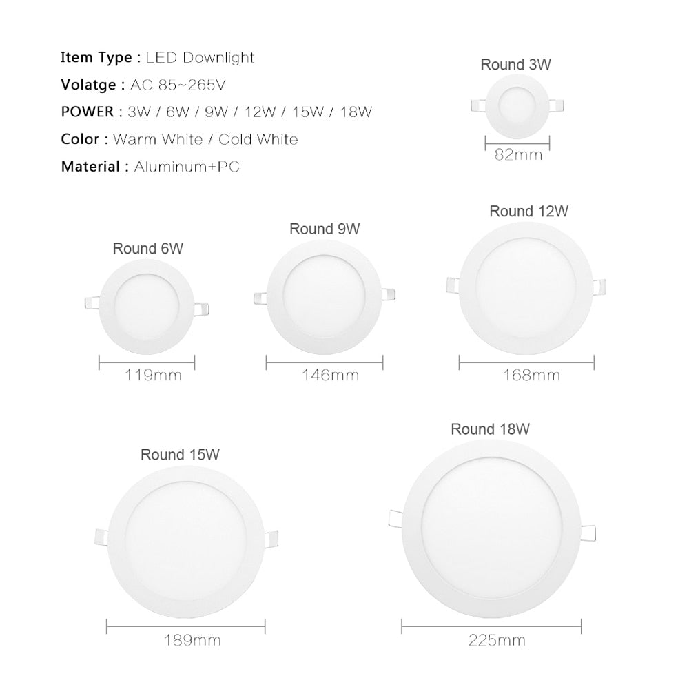 White Round Square LED Downlight 3W 6W 9W 12W 15W 18W Dimmable Ceiling Panel Light Recessed Bulb AC 220V 110V