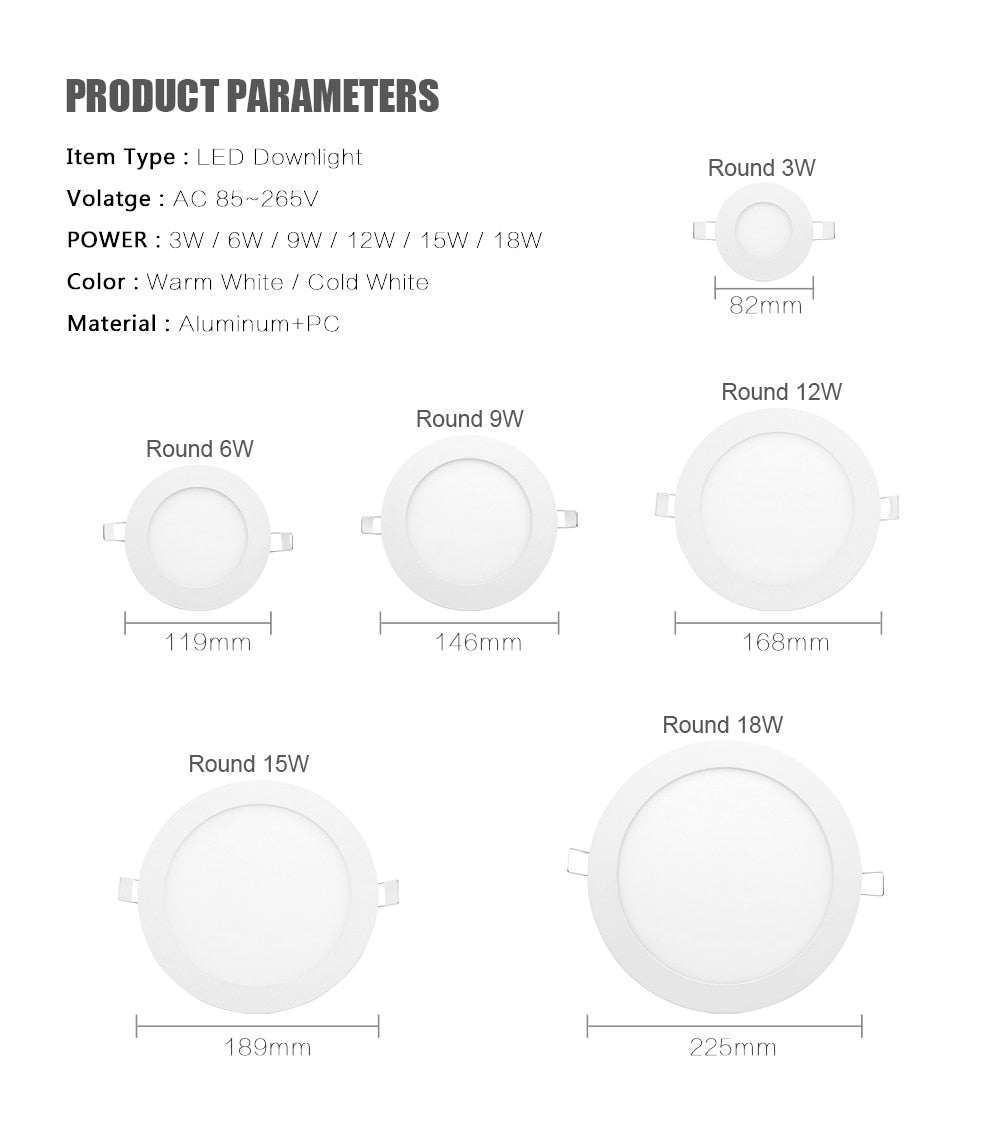 White Round Square LED Downlight 3W 6W 9W 12W 15W 18W Dimmable Ceiling Panel Light Recessed Bulb AC 220V 110V