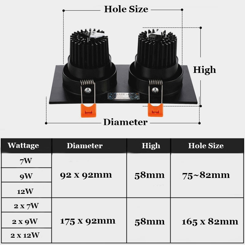 Square Recessed Dimmable COB LED Downlights 7W 9W 12W 18W 24W LED Ceiling Lamps 110~240V LED Ceiling Spot Lights Indoor Lighting