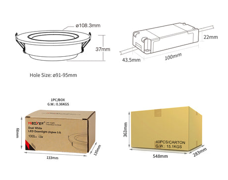 LED Downlight (Zig bee 3.0)DW2-06A-ZB DW2-12A-ZB 2.4G 6W 12W Dual White Smart RF Lamp APP/Voice Control AC 100-240V