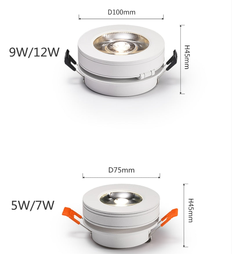 Round 90° Folding Recessed COB LED Downlights 5W/7W/12W LED Ceiling Spot lights Background Painting Lamps AC220V Indoor Lighting