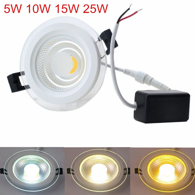 LED Downlight 10pcs/lot 5W 10W 15W 25W 3 Colors Change (3000K/4000K/6000K) Glass COB LED Downlight AC85-265V Recessed Lamp