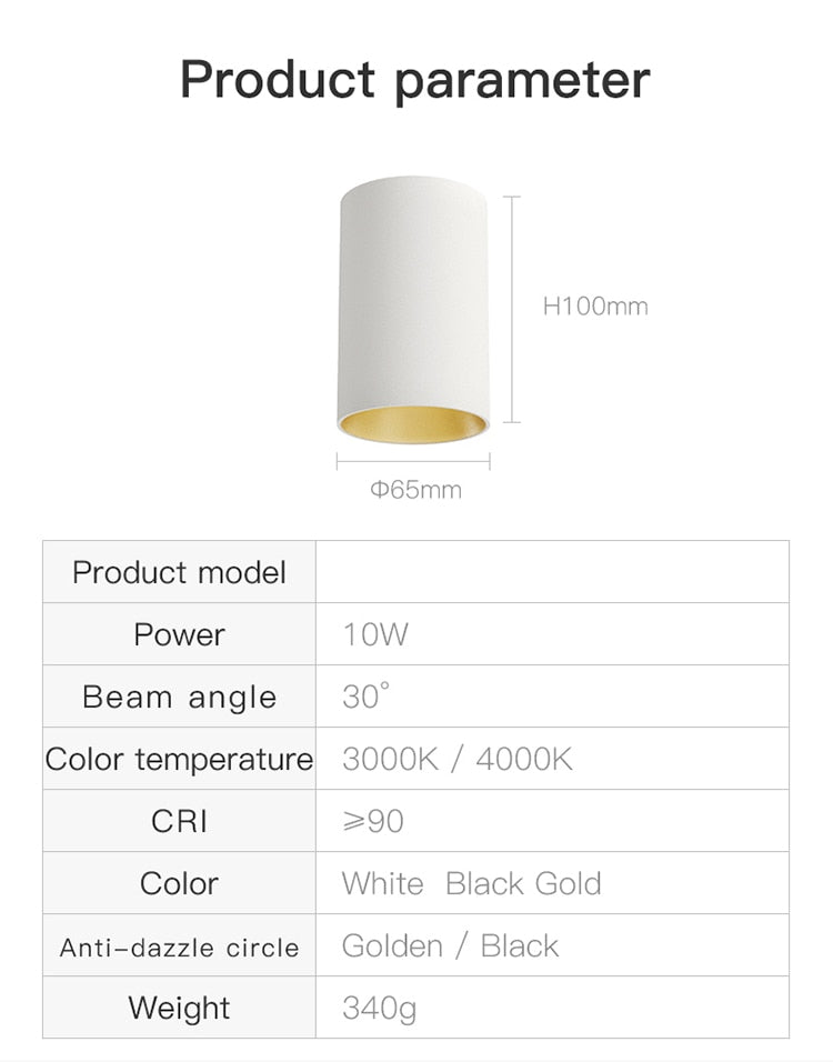 XRZLux Round Surface Mounted Led Downlights 10W COB LED Ceiling Spot Lights Aluminum Anti-glare LED Lamp Indoor Lighting