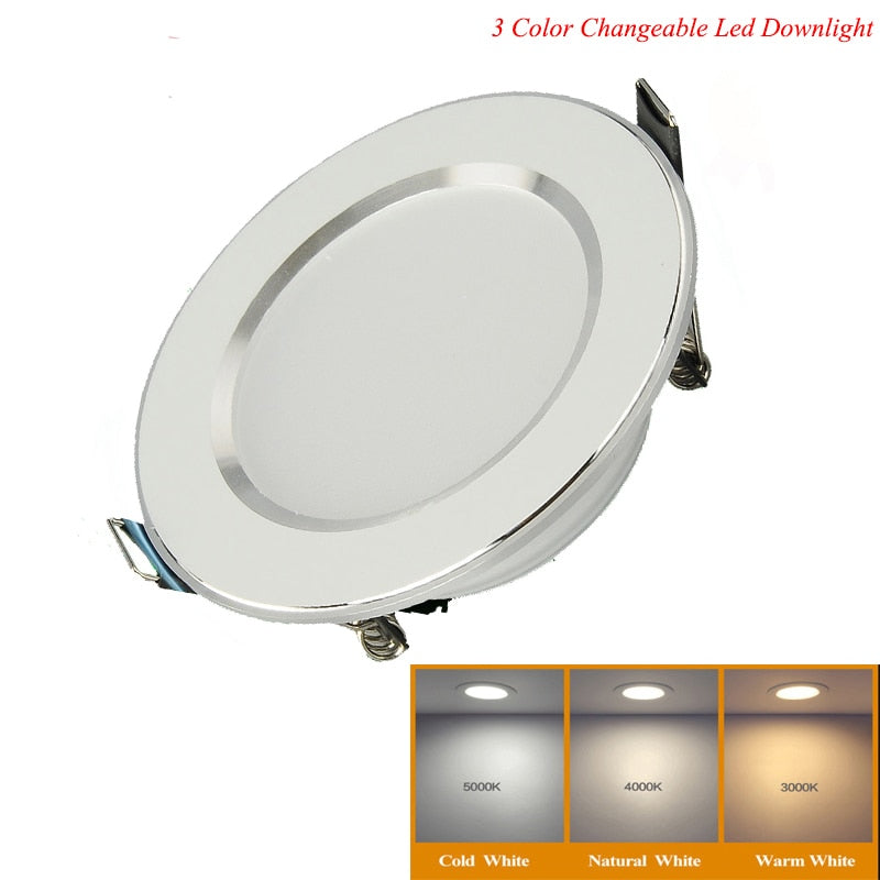 Changeable Led Downlight 5w 7w 9w 12w Ceiling Recessed Light Silver Frame 3 Color Change Warm Nature Cool White AC180-240V