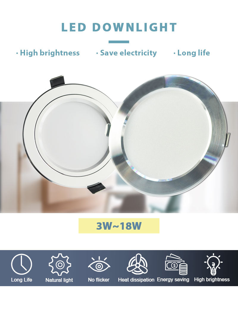 Silver White Ultra Bright LED Downlight 3w 5w 10w 12w 15w 18w Thin Round LED Ceiling Recessed Spot Light AC85~240v DownLight