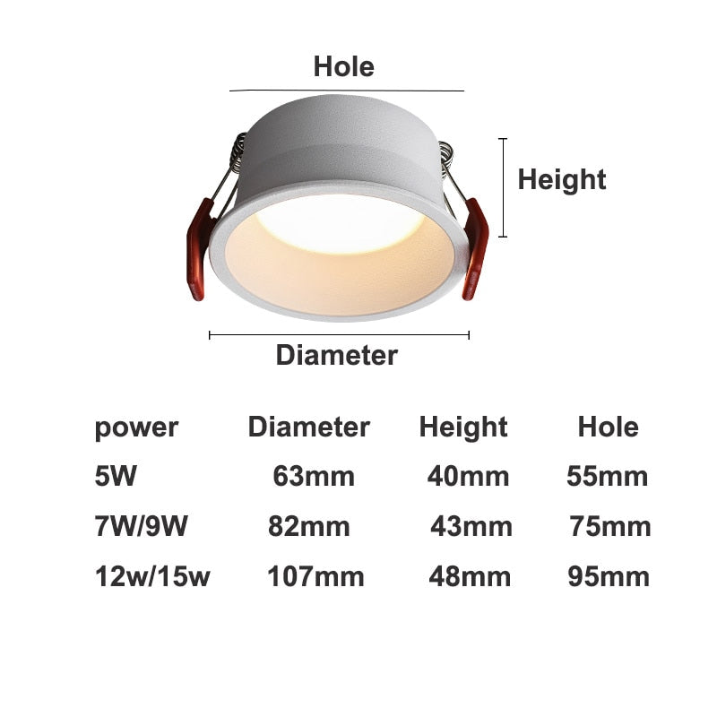 Deep Anti-Glare LED Ceiling Downlight Dimmable COB Spot Lights 15W 12W 7W Bedroom Kitchen Study Lamp 85-265v 2021 Newest