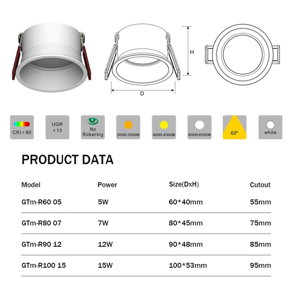 Led Downlight Recessed Led Ceiling Spotlights Aluminum High Brightness 5W 7W 12W 15W  Dimmable Narrow Side No glare AC90-265V