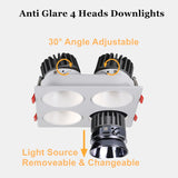 Anti Glare Ceiling Recessed LED COB Downlights Angle Adjustable 4 Heads 28W 48W 60W 80W Spot Light Home Indoor Bedroom 110V 220V