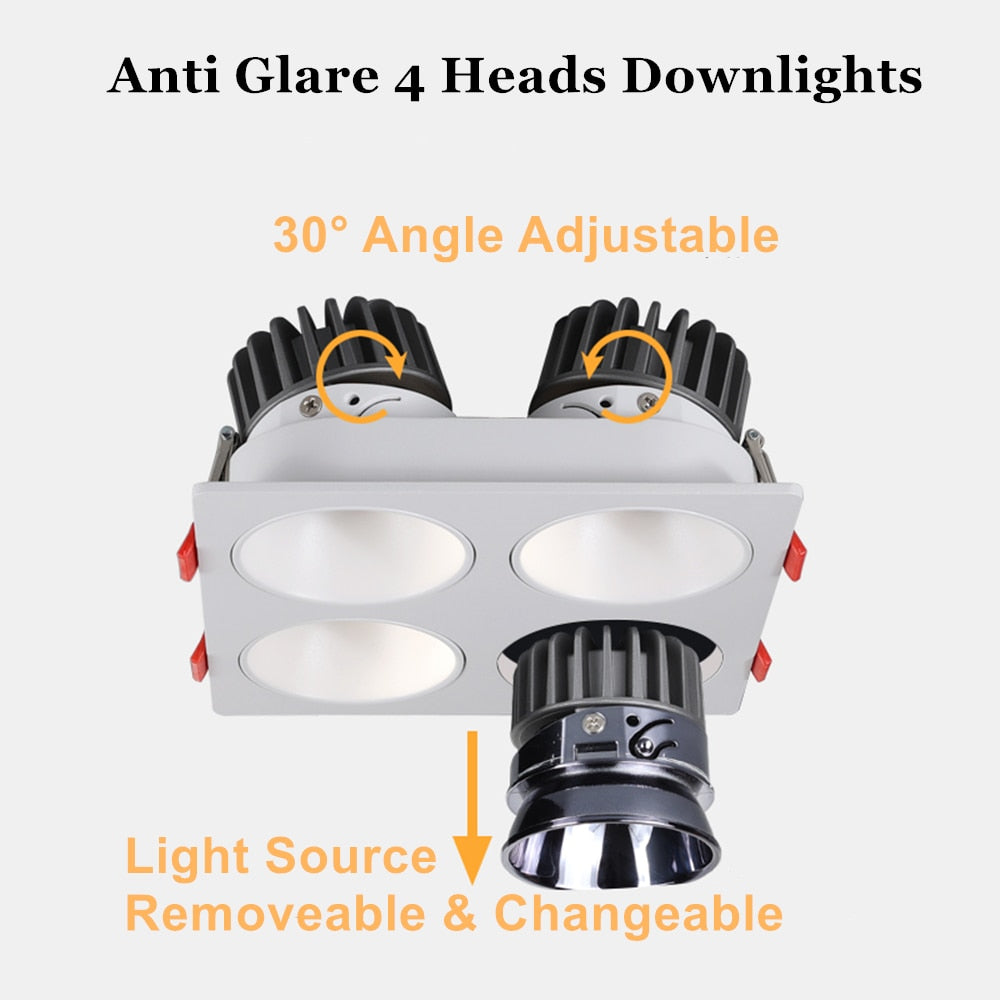 Anti Glare Ceiling Recessed LED COB Downlights Angle Adjustable 4 Heads 28W 48W 60W 80W Spot Light Home Indoor Bedroom 110V 220V