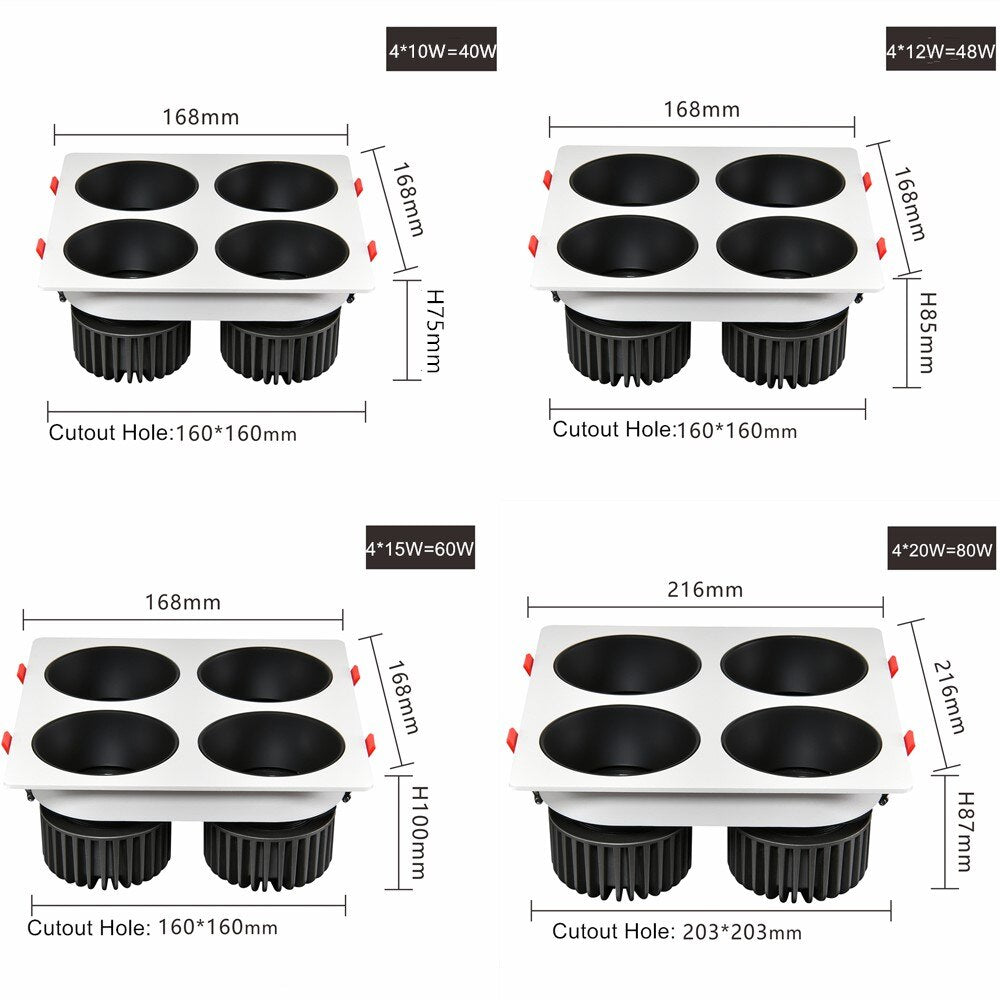 Anti Glare Ceiling Recessed LED COB Downlights Angle Adjustable 4 Heads 28W 48W 60W 80W Spot Light Home Indoor Bedroom 110V 220V