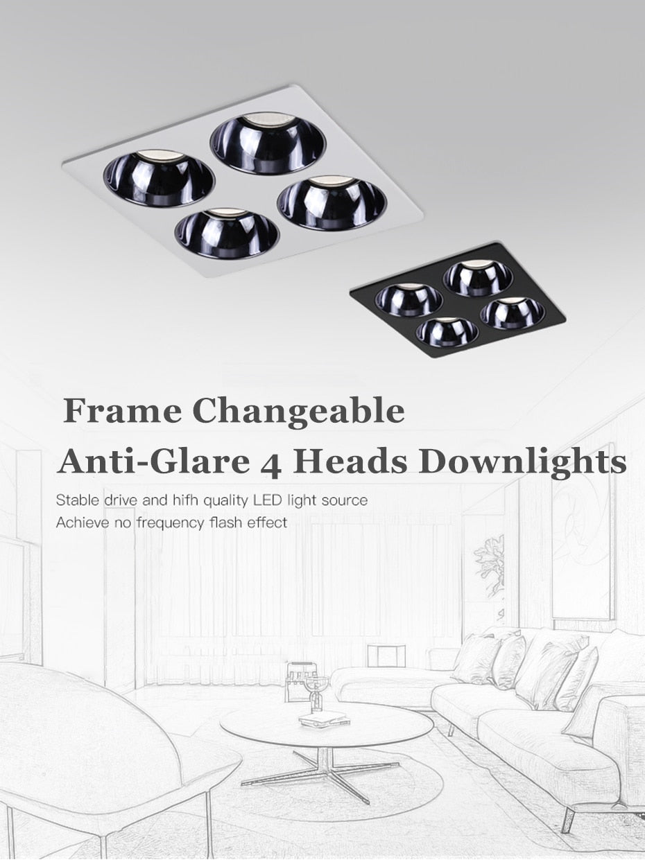 Anti Glare Ceiling Recessed LED COB Downlights Angle Adjustable 4 Heads 28W 48W 60W 80W Spot Light Home Indoor Bedroom 110V 220V