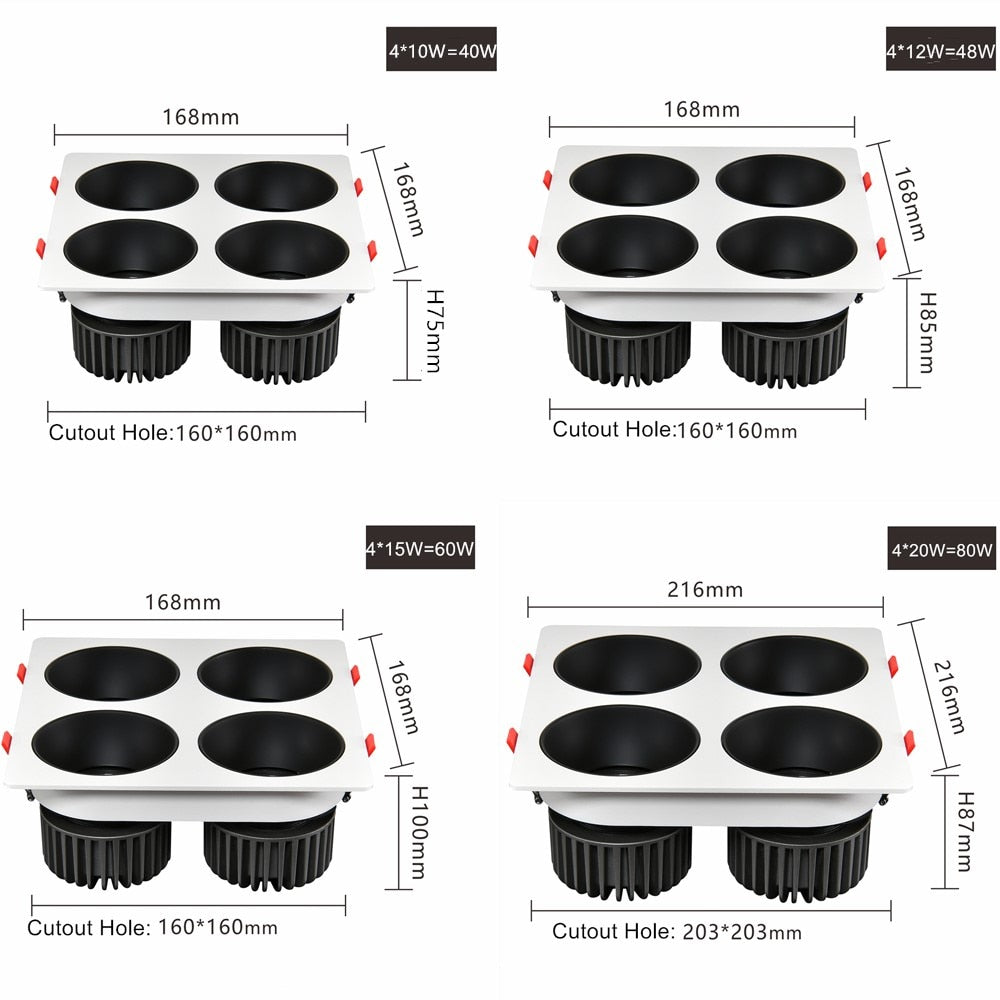 Anti Glare Ceiling Recessed LED COB Downlights Angle Adjustable 4 Heads 28W 48W 60W 80W Spot Light Home Indoor Bedroom 110V 220V